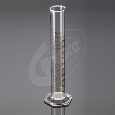 EPROUVETTE EN VERRE A BEC PIED HEXAGONAL GRADUATION BLEU